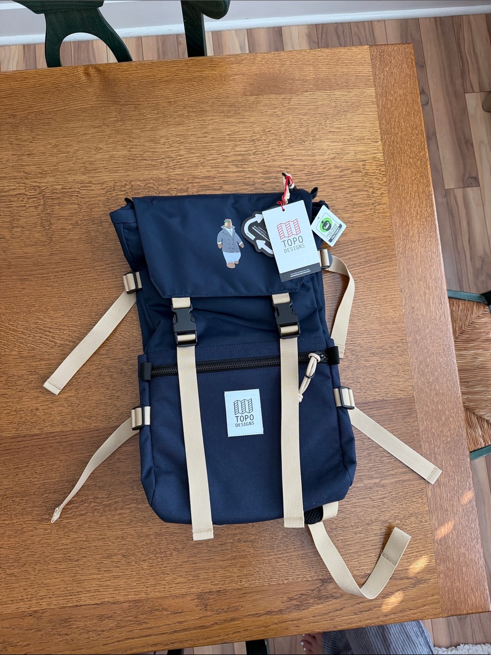 Topo Designs Navy Roll-Top Backpack with Tan Straps